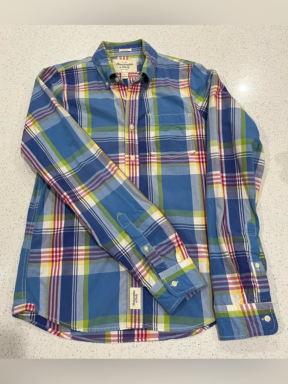Abercrombie & Fitch Men's Madras Plaid 100% Cotton Long Sleeve Shirt Size Large